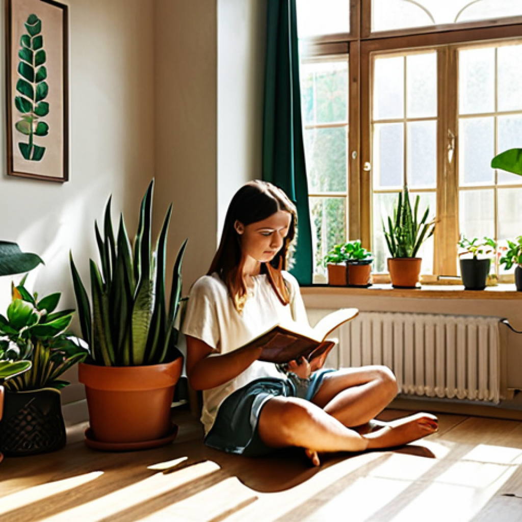 **Image Prompt:** A cozy living room in the Netherlands filled with various potted plants like Sanseveria (Snake Plant), Spathiphyllum (Peace Lily), and succulents. Sunlight streams through a window, illuminating the plants and creating a relaxing atmosphere. A person is sitting comfortably, reading a book, surrounded by the greenery.