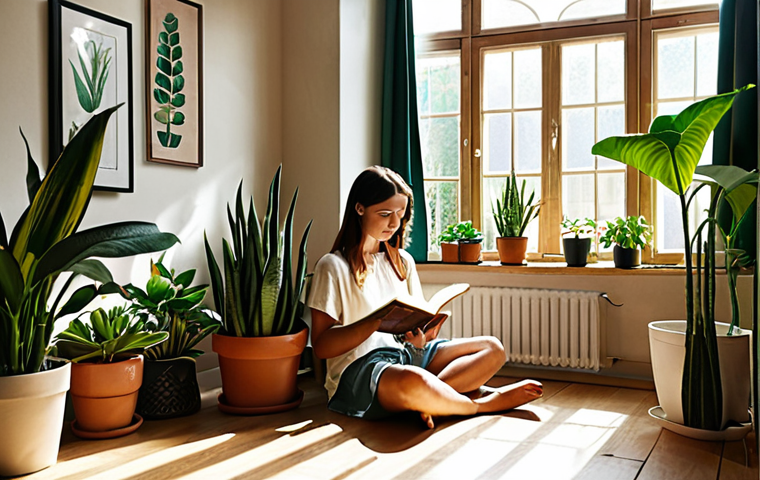 **Image Prompt:** A cozy living room in the Netherlands filled with various potted plants like Sanseveria (Snake Plant), Spathiphyllum (Peace Lily), and succulents. Sunlight streams through a window, illuminating the plants and creating a relaxing atmosphere. A person is sitting comfortably, reading a book, surrounded by the greenery.