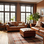 **A cozy living room with warm, earthy tones, a soft wool plaid on a leather couch, and natural light streaming through large windows. Add personal touches like travel photos and green plants.** (Focuses on color, texture, lighting, and personal decoration elements.)