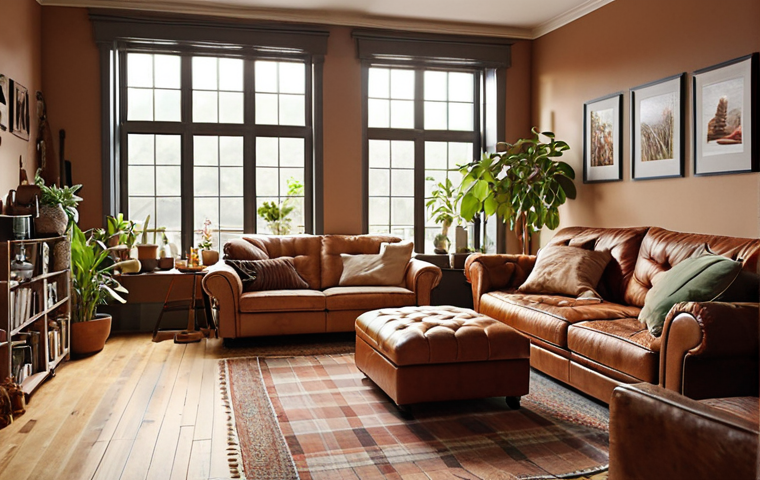 **A cozy living room with warm, earthy tones, a soft wool plaid on a leather couch, and natural light streaming through large windows. Add personal touches like travel photos and green plants.** (Focuses on color, texture, lighting, and personal decoration elements.)