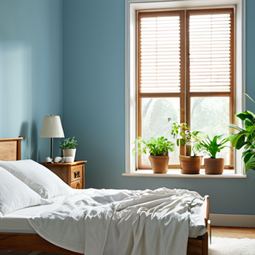Home 24 **A serene bedroom interior with soft blue walls, white linen bedding, and natural light streaming through a window. Include touches of green plants and wooden furniture to enhance the calming atmosphere.** (This image captures the essence of relaxation and tranquility, perfect for a bedroom setting as described in the text.)