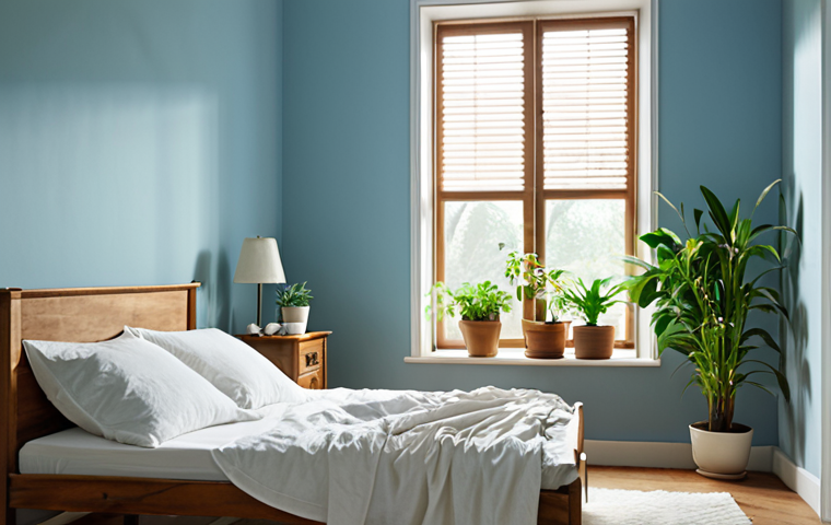 **A serene bedroom interior with soft blue walls, white linen bedding, and natural light streaming through a window. Include touches of green plants and wooden furniture to enhance the calming atmosphere.** (This image captures the essence of relaxation and tranquility, perfect for a bedroom setting as described in the text.)