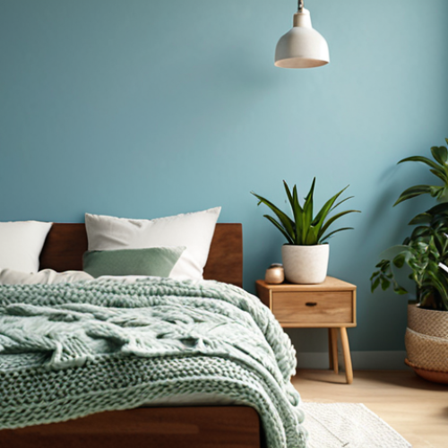 Home 23 **
"A serene bedroom with a soft blue accent wall, bathed in natural light. Several potted green plants are scattered around, adding life to the space. Textures include a chunky knit blanket draped over the bed, and a wooden bedside table. The overall feeling is calm and relaxing, promoting emotional well-being."
**