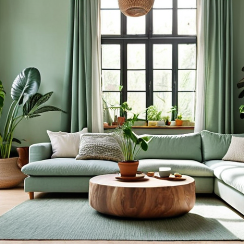 Home 22 **A Serene Urban Oasis:** A sun-drenched living room with large windows, featuring walls painted in a calming, soft grey-blue or muted sage green. Abundant, healthy indoor plants, including a large Monstera and several elegant Calatheas, are beautifully integrated. Furniture is crafted from warm, natural wood, adorned with soft, breathable linen textiles (curtains, throw pillows). A cozy, textured wool rug adds warmth and comfort. The overall atmosphere is tranquil, inviting, and deeply connected to nature, reflecting a mindful and comfortable home environment.