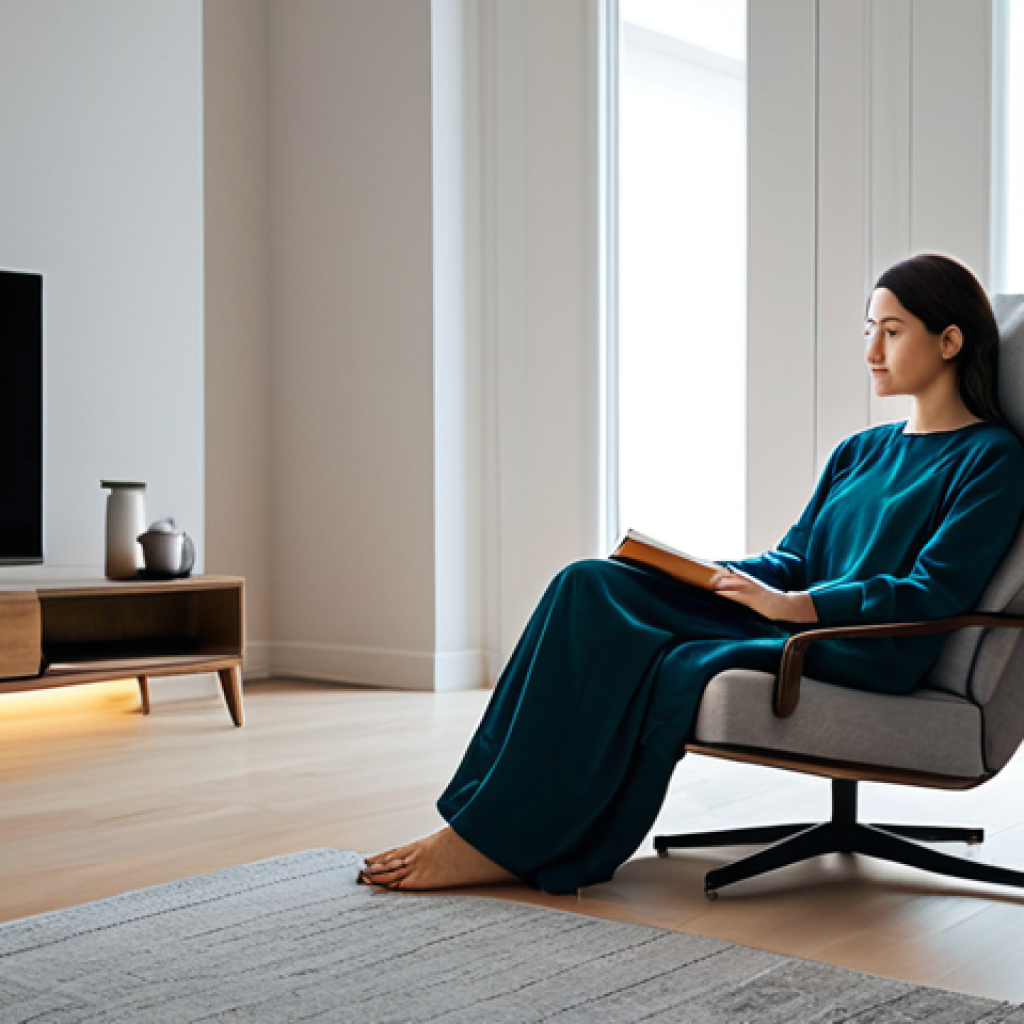 A tranquil person in modest, comfortable loungewear, seated calmly in a serene, minimalist personal retreat area within a modern home. The space features soft, indirect lighting, a plush armchair, and a small table with a teacup and an open physical book. The background shows blurred elements of a cozy room, emphasizing solitude and quiet reflection. There are no electronic devices visible. The person has perfect anatomy, correct proportions, and a natural, relaxed pose with well-formed hands and proper finger count. The image has professional photography quality, high detail, and is safe for work, appropriate content, fully clothed, modest clothing, appropriate attire, professional dress, and family-friendly.