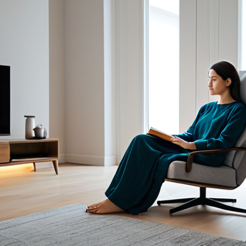 Home 9 A tranquil person in modest, comfortable loungewear, seated calmly in a serene, minimalist personal retreat area within a modern home. The space features soft, indirect lighting, a plush armchair, and a small table with a teacup and an open physical book. The background shows blurred elements of a cozy room, emphasizing solitude and quiet reflection. There are no electronic devices visible. The person has perfect anatomy, correct proportions, and a natural, relaxed pose with well-formed hands and proper finger count. The image has professional photography quality, high detail, and is safe for work, appropriate content, fully clothed, modest clothing, appropriate attire, professional dress, and family-friendly.