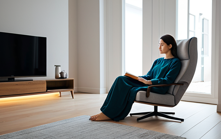 A tranquil person in modest, comfortable loungewear, seated calmly in a serene, minimalist personal retreat area within a modern home. The space features soft, indirect lighting, a plush armchair, and a small table with a teacup and an open physical book. The background shows blurred elements of a cozy room, emphasizing solitude and quiet reflection. There are no electronic devices visible. The person has perfect anatomy, correct proportions, and a natural, relaxed pose with well-formed hands and proper finger count. The image has professional photography quality, high detail, and is safe for work, appropriate content, fully clothed, modest clothing, appropriate attire, professional dress, and family-friendly.